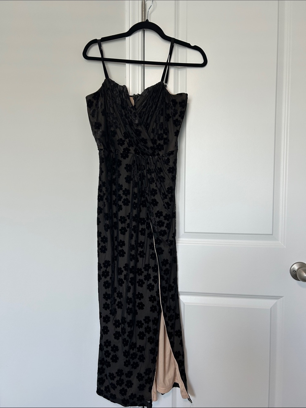 Lulu's Black Flocked Floral Velvet Midi Dress with Front Slit